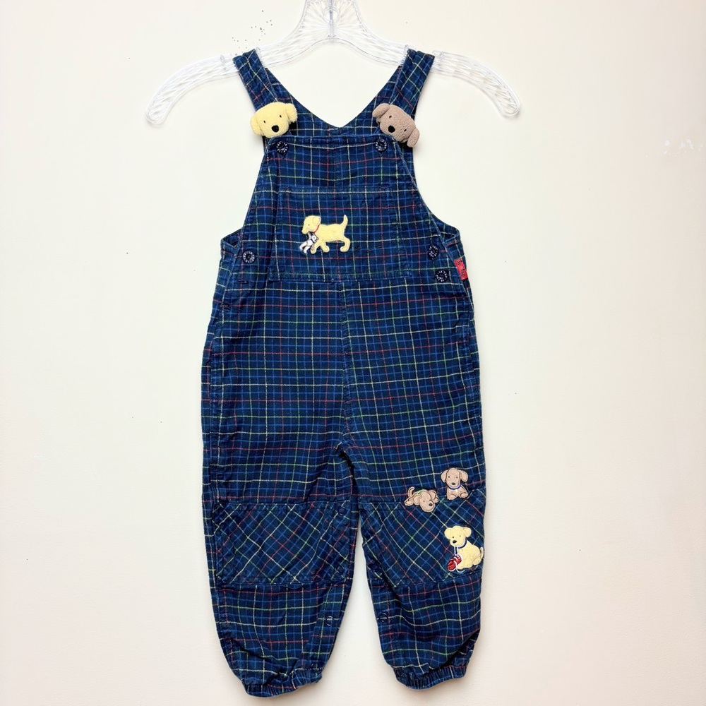 Vintage  Le Top 24 Months Blue Plaid Puppy Dog Overalls Embroidered‎ Appliqué